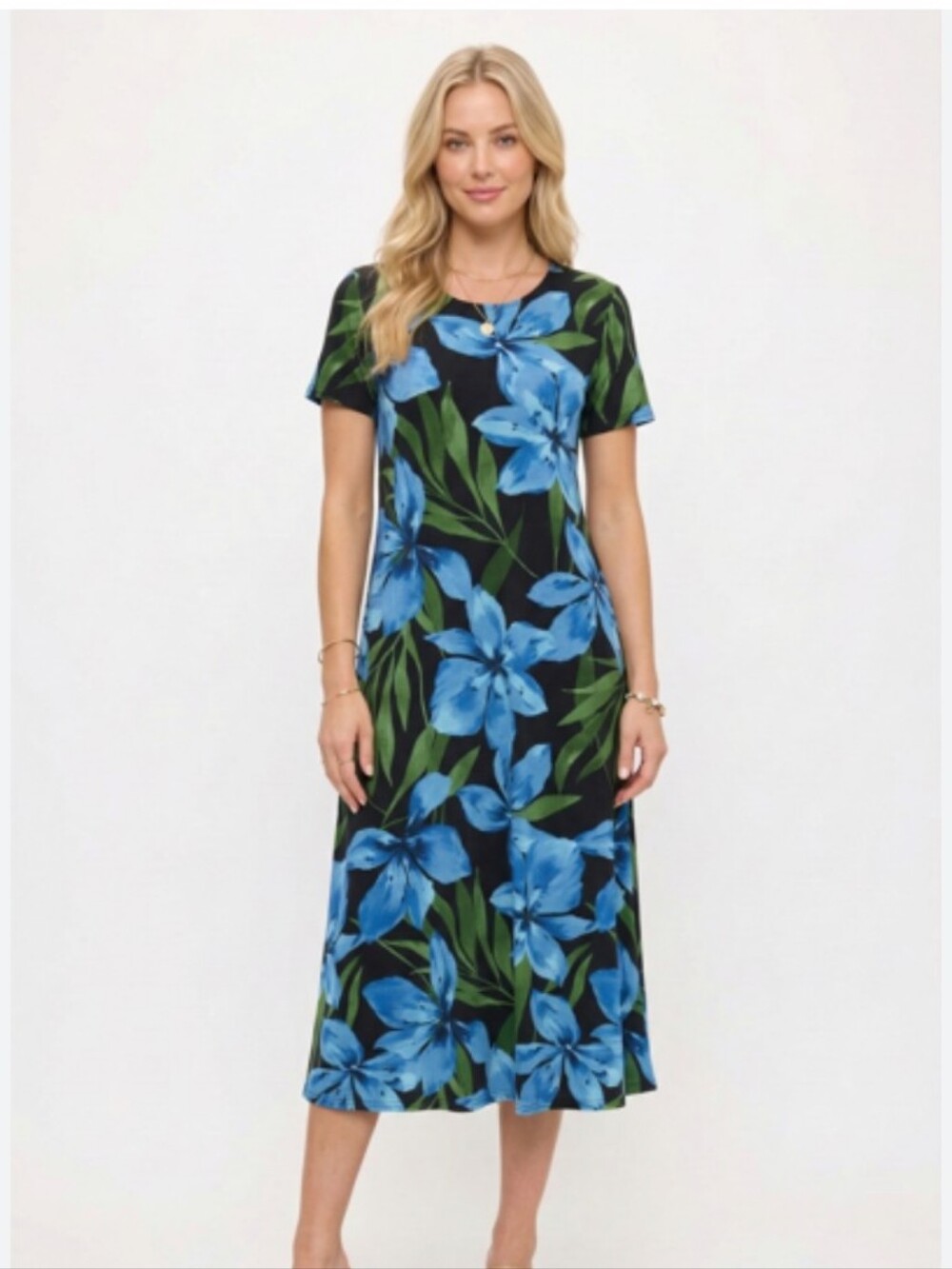 Floral Blue Midi Dress - Black Background